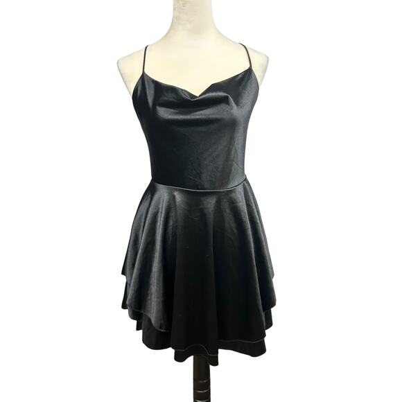 Dark Feminine Satin Mini Dress Black Lace Up Back Y2K Party‎ Size XL - Picture 1 of 8